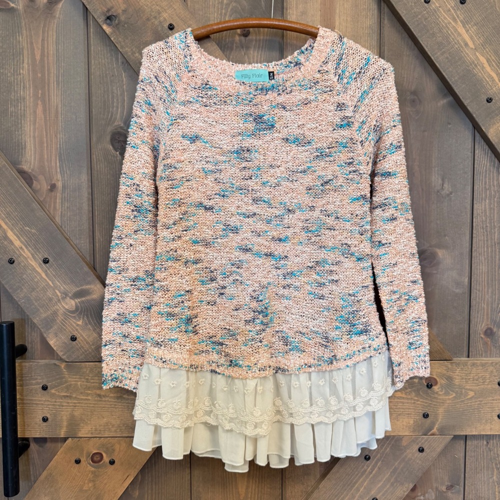 Filly Flair Knit Sweater Women S/M Peach Blue Good Lace Hem Sequin Shimmer Boho